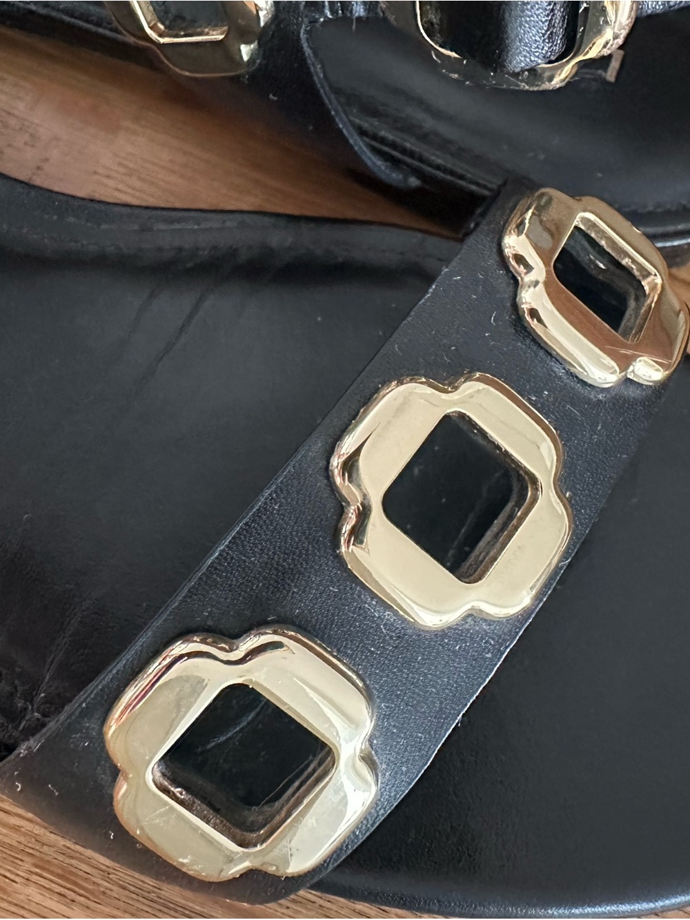 Larroude Milan Black Leather Sandal with Gold Accent, Size 8 - Picture 4 of 15